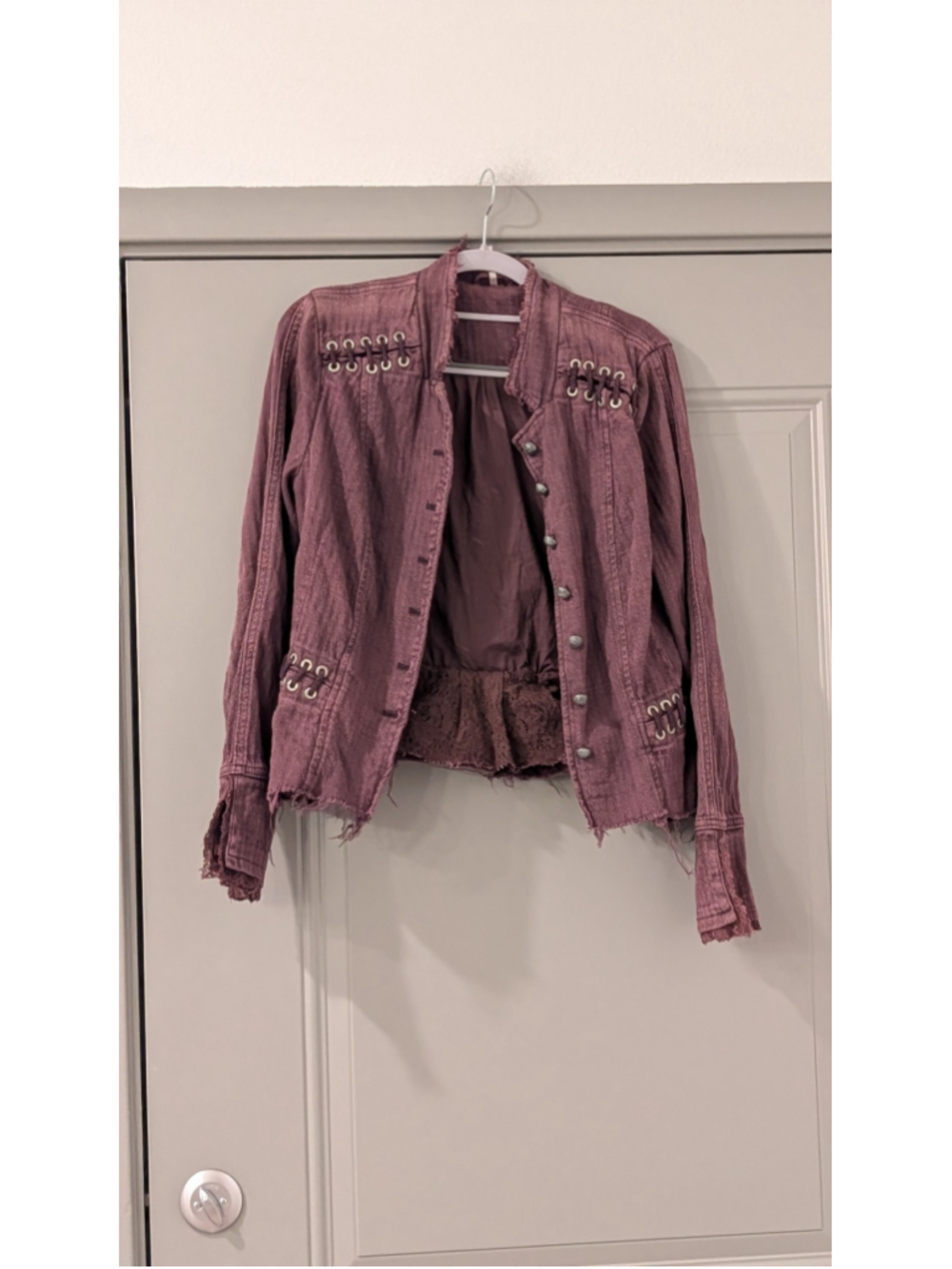 Women's Free People Distressed Lace-Trim Jacket, Size Small /P -Purple/Brown - Picture 1 of 10